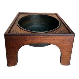 Antique Copper Water Bowl and Wooden Stand For Sale