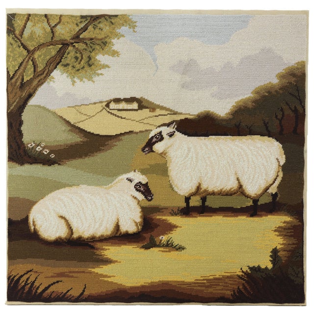 Vintage Sheep in Landscape Needlework – Pastoral Farm Scene Textile Art With Black-Faced Ewes For Sale - Image 10 of 10