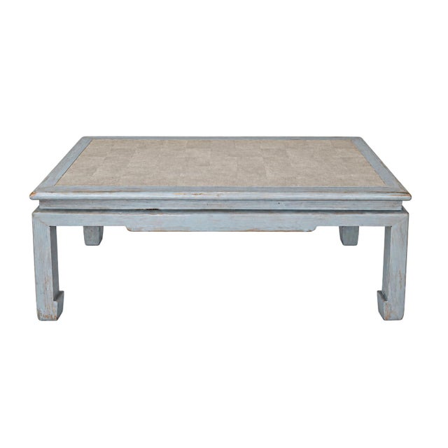 Vintage Swedish Blue-Grey Wash Wood Coffee Table With Ming Style Leg and Shagreen Top For Sale - Image 11 of 13