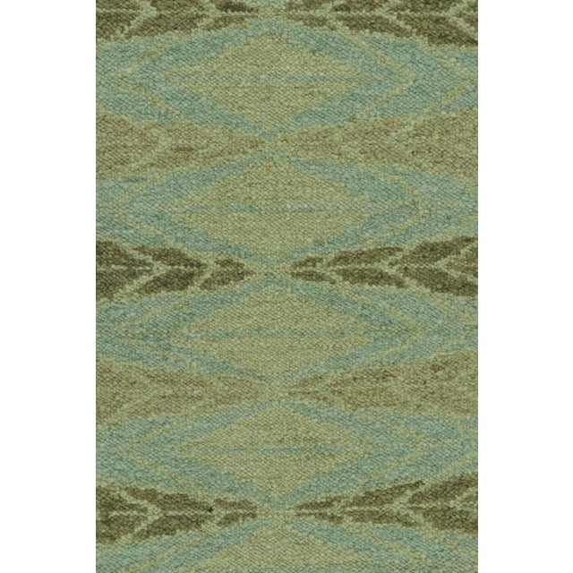 2010s Rug & Kilim’s Scandinavian Style Kilim With Green Geometric Patterns on Blue For Sale In New York - Image 6 of 8