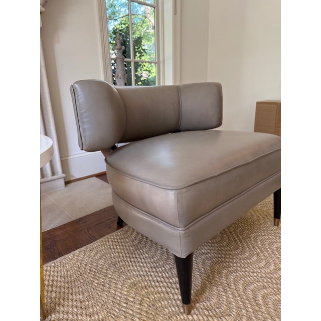 Arteriors Laurent Mid Century Morel Grey Leather Black Wood Occasional Chairs For Sale - Image 4 of 11