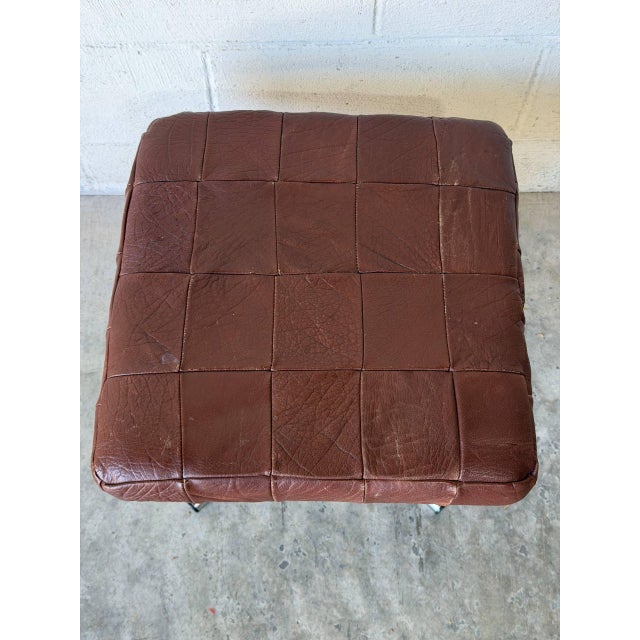 Square Patchwork Brown Leather Ottoman With Chrome Base Vintage Mid-Century Modern 1970s For Sale In Los Angeles - Image 6 of 10