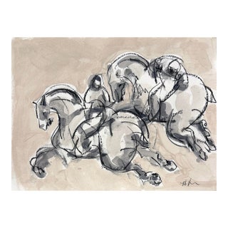 Polo Player No. 6, Drawing, Charcoal and Acrylic on Paper 12 X 9 Inches For Sale