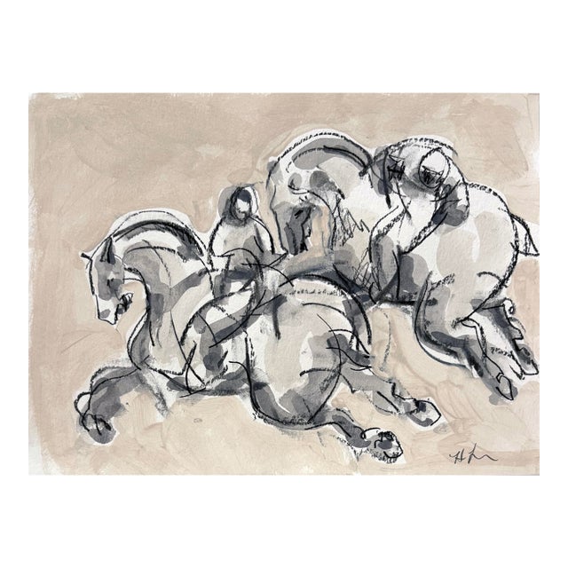 Polo Player No. 6, Drawing, Charcoal and Acrylic on Paper 12 X 9 Inches For Sale