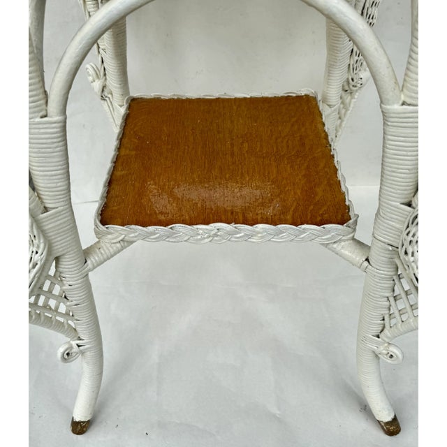 White Antique Victorian Wicker Plant Stand or Occasional Table, Lattice Apron For Sale - Image 8 of 9