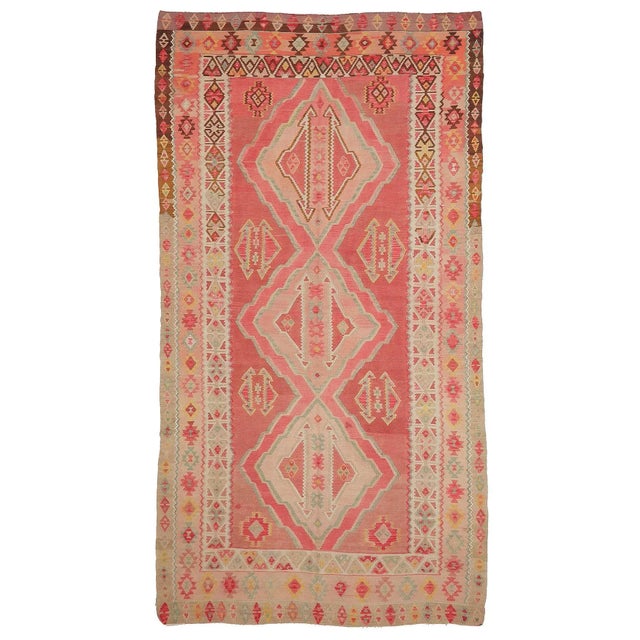 Textile Mid 20th Century Pastel Large Vintage Turkish Kilim Rug For Sale - Image 7 of 7