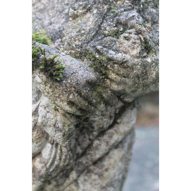 Garden Statue in Reconstituted Stone with Figure of Classical Maiden Holding Flowers For Sale - Image 9 of 16