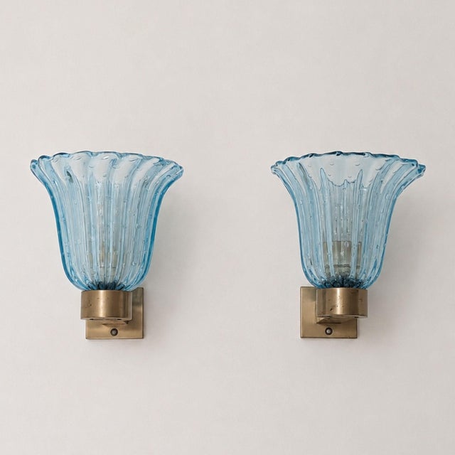 Blue 1950s Mid-Century Modern Murano Glass Sconces Brass Wall Lights Barovier & Toso - Pair For Sale - Image 8 of 10