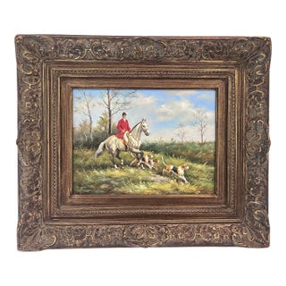Vintage Fox Hunt Oil Painting Signed Luici in Ornate Carved Frame For Sale