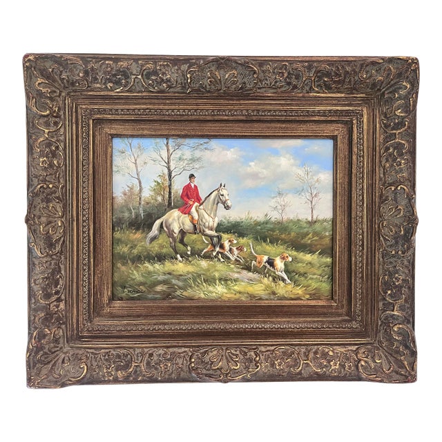 Vintage Fox Hunt Oil Painting Signed Luici in Ornate Carved Frame For Sale