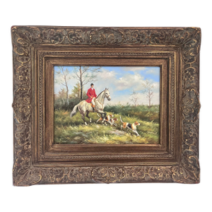 Vintage Fox Hunt Oil Painting Signed Luici in Ornate Carved Frame