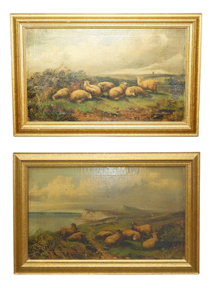John W Morris, Landscapes with Sheep, 19th Century, Oil Paintings, Set of 2