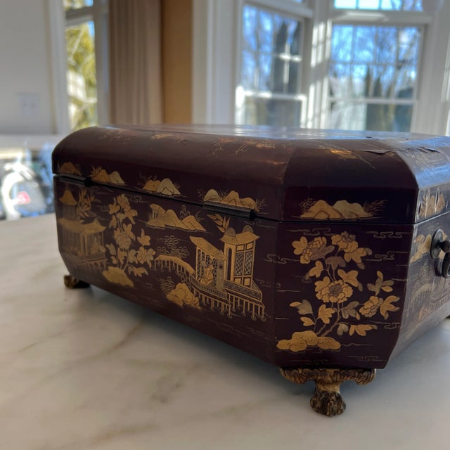 Antique 19th Century Finely Painted Oxblood Chinese Export Lacquered Sewing Box For Sale In New York - Image 6 of 9