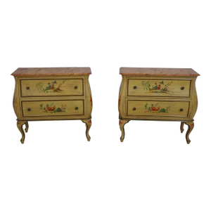 Pair Chinoiserie Commode Chests W. Faux Marble Painted Tops