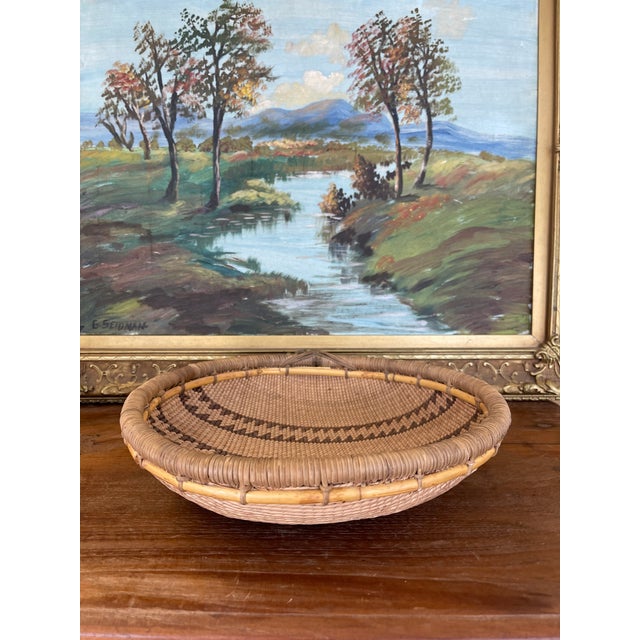 Brown Vintage Likely Early 20th Century Native American Mission Basketry Bowl With Stepped Geometric Pattern. For Sale - Image 8 of 10