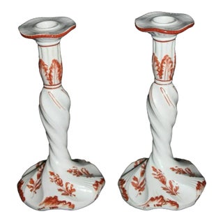 Vintage Italy White Orange Ceramic Candle Stick Holders - Set of 2 For Sale