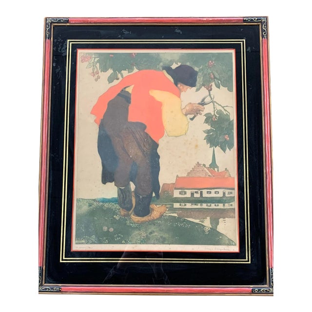 Maurice Langaskens "Le Cerisier" Original Signed & Framed Belgian Etching For Sale