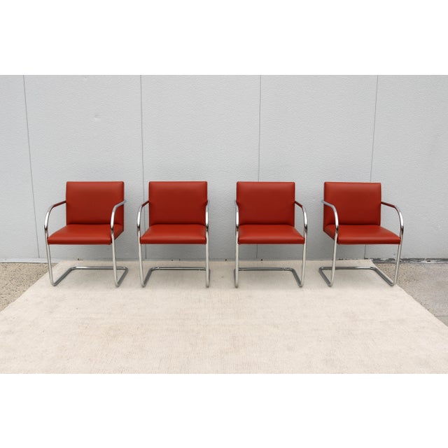 Metal Ludwig Mies Van Der Rohe Brno Tubular Chairs in Orange Vinyl by Gordon, Set of 4 For Sale - Image 7 of 18