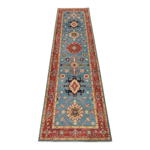 Kazak Runner 2’8” X 9’9” Blue Wool Tribal Hand-Knotted Oriental Rug
