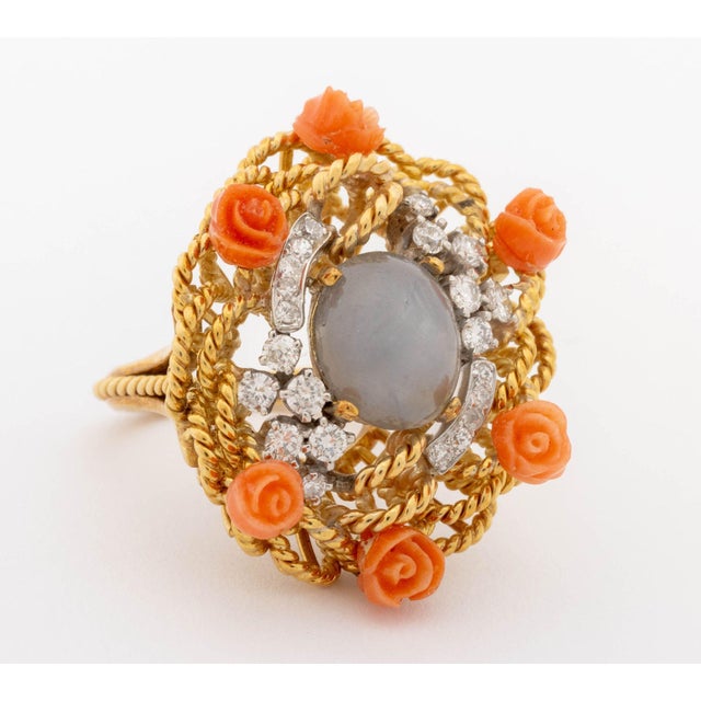 18k Rose Gold Star Sapphire Coral Diamond Ring For Sale - Image 4 of 10