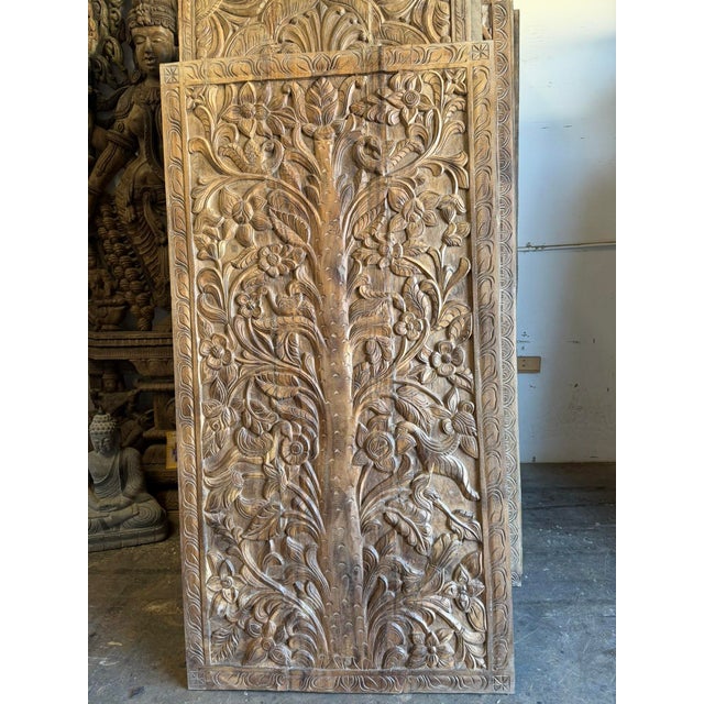 Hand-Carved Floral Tree of Life Wood Wall Panel | Natural Wood Architectural Wall Art 72 For Sale - Image 4 of 6