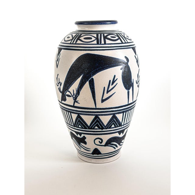 Blue Large Ceramic Vase with Stylized Animal Motifs by Mette Doller for Höganäs, Sweden, 1960s For Sale - Image 8 of 8