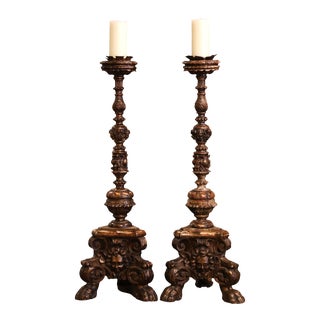 Pair of Mid 19th Century Italian Carved Polychrome and Painted Candlesticks For Sale