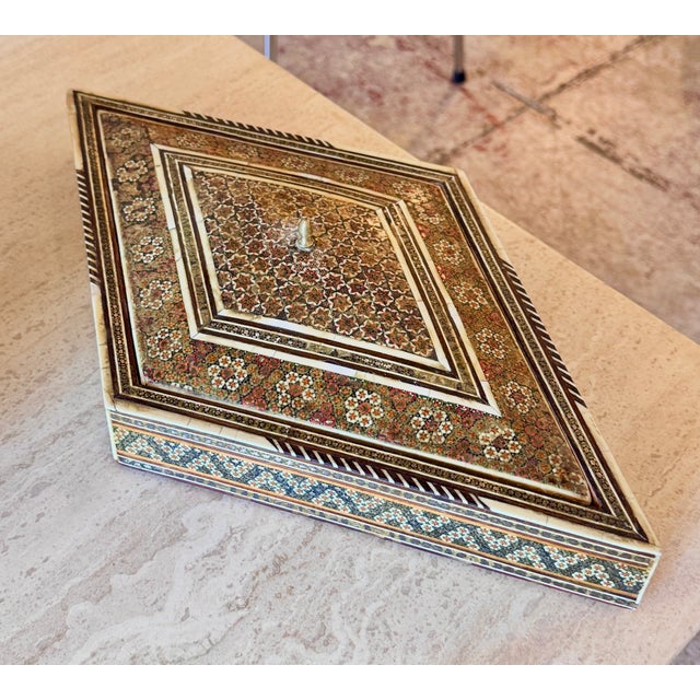 Antique Middle Eastern Marquetry Jewelry Box With Brass Inlay, Circa 1920 For Sale - Image 9 of 13
