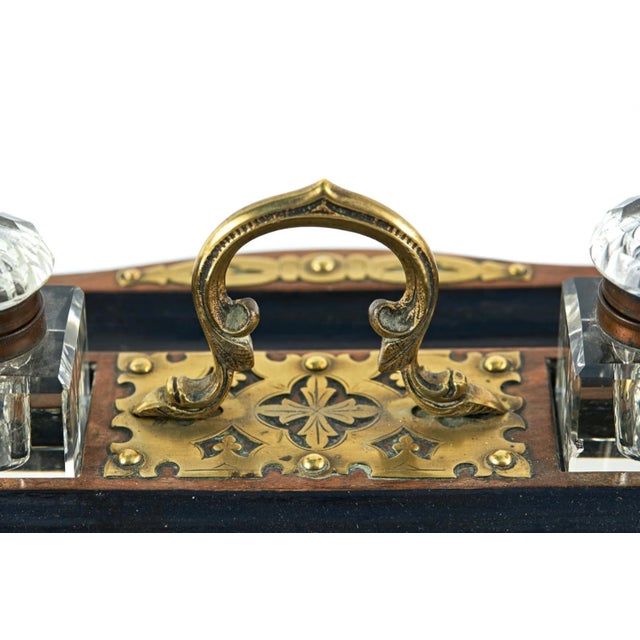 Offered for sale is this mid 19th Century Victorian antique walnut and ebonised brass mounted inkstand having original...