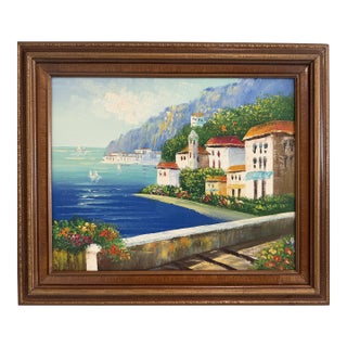 Mediterranean Coastal Village Oil Painting Seascape Landscape, Italian Riviera For Sale