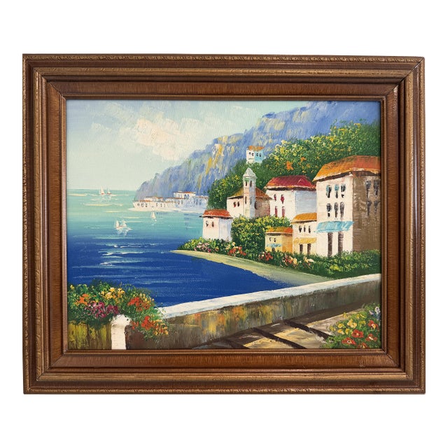 Mediterranean Coastal Village Oil Painting Seascape Landscape, Italian Riviera For Sale