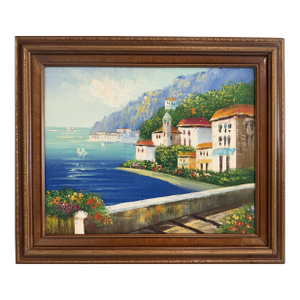 Mediterranean Coastal Village Oil Painting Seascape Landscape, Italian Riviera
