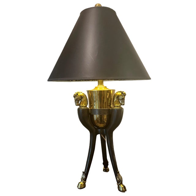 A Glamorous, Art Deco Equestrian Table Lamp! A “Gucci-esque” trio of brass horse heads and hoof motifs form an alluring...