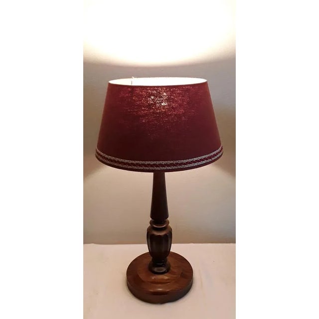 Vintage Table Lamp with Turned Mahogany Foot and Red Fabric Umbrella, 1970s For Sale - Image 6 of 7