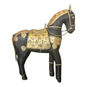 Vintage Mid 20th Century Brass, Copper, Hand-Carved Wooden Horse, Indian Crafted