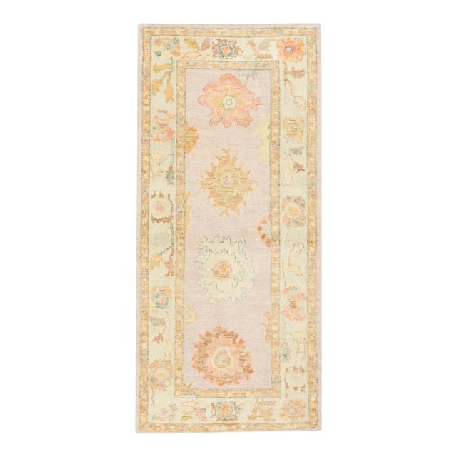 Early 21st Century Pink Floral Handwoven Turkish Oushak Runner 3' X 6'5" For Sale