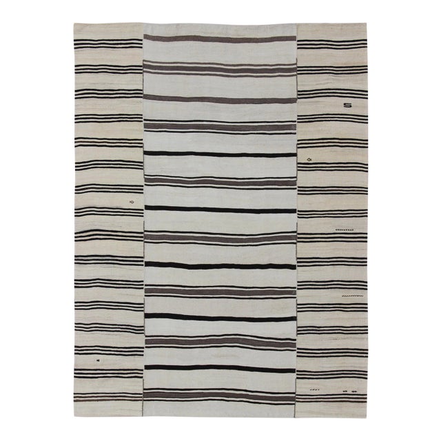 Large Vintage Turkish Kilim Rug With Vertical Stripes in Cream and Brown For Sale