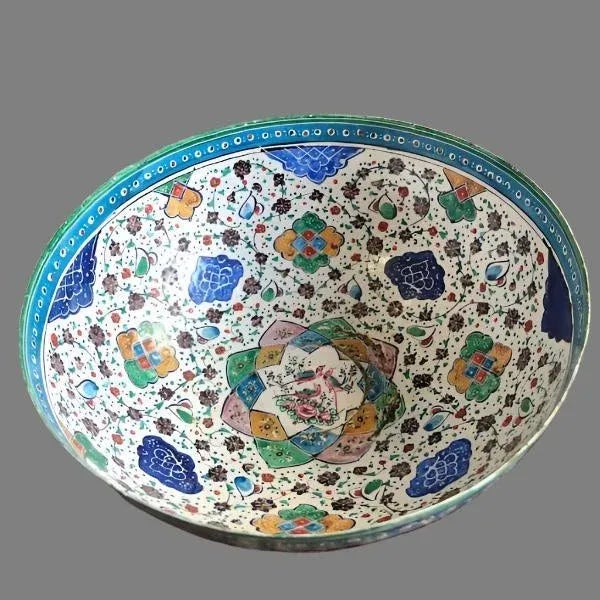 Vintage Hand-Painted Enamel on Copper Bowl With Middle Eastern Figurative Art For Sale - Image 4 of 5