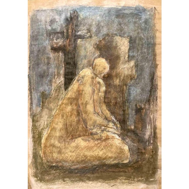 Charcoal, Gouache, Pastel on paper. In this mixed media drawing, a balled headed human figure is sitting on the ground in...