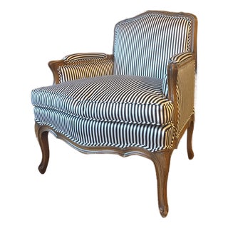 Pair of Louis XV-style Brown and White Silk Striped Upholstered Armchairs / Bergeres For Sale