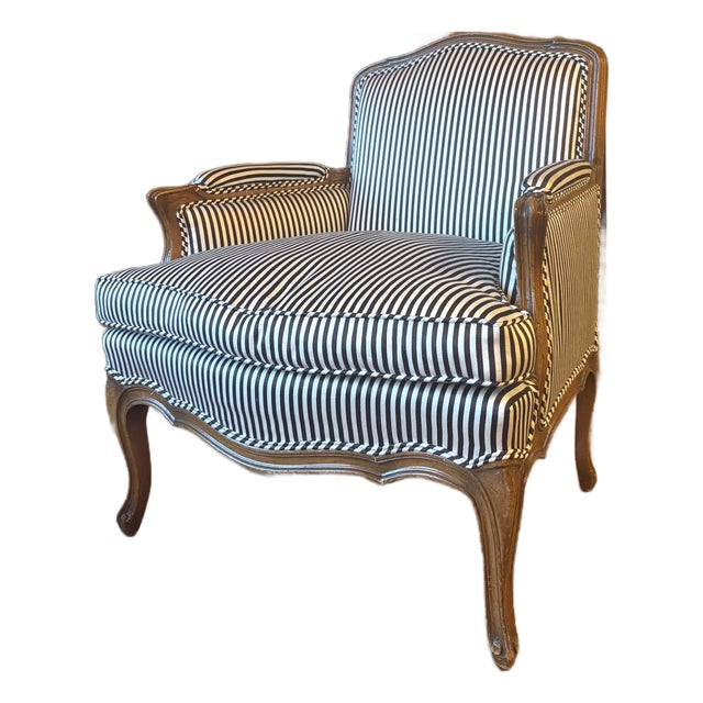 Pair of Louis XV-style Brown and White Silk Striped Upholstered Armchairs / Bergeres For Sale