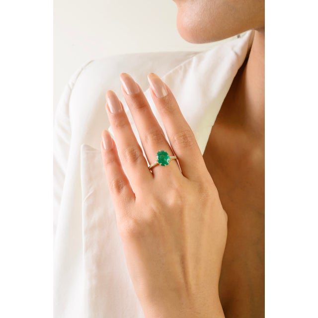 Early 21st Century Antique 8 Prong Set 2.68 Ct Emerald Diamond Ring in 14k Gold Size 5.5 For Sale - Image 5 of 15