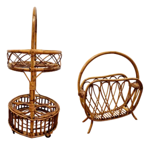 Bamboo Food Trolley and Magazine Rack, 1970s, Set of 2