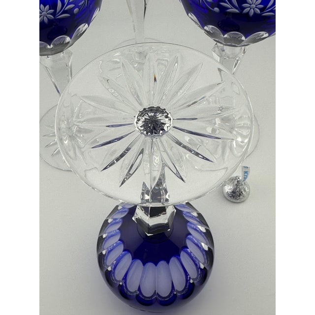 Royal Blue Cobalt Cut-to-Clear Wine Hocks | Set of 4 Vintage Design Guild by Ajka Hungarian Crystal For Sale - Image 8 of 9