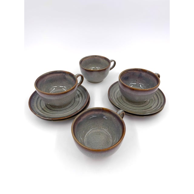 Modern Vietnamese Dual-Glaze Stoneware Ceramic Coffee Cups and Saucers With Spiral Motif - Set of 4 For Sale - Image 3 of 8