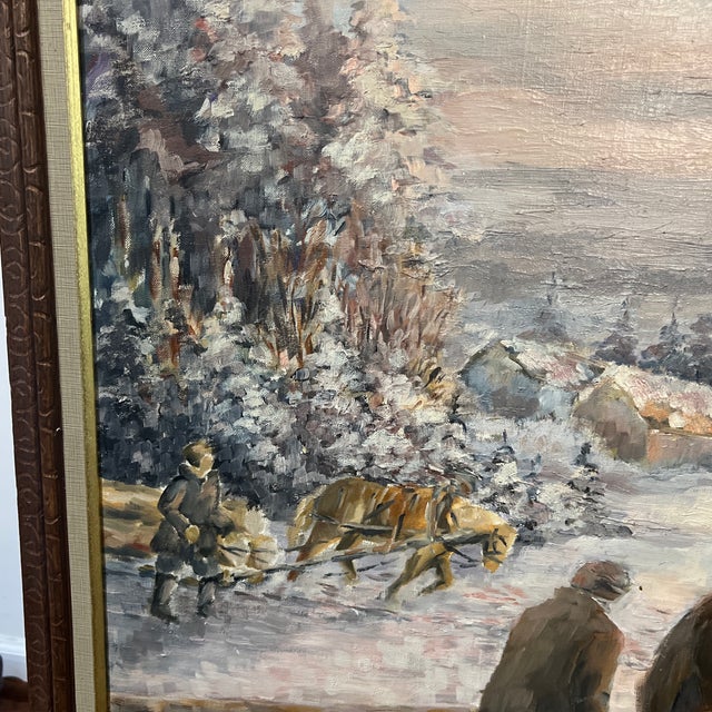 20th Century European School Oil on Canvas by Polish Artist Edward Mesjasz (1929-2007) Depicting Winter Horses Hauling Woods For Sale - Image 4 of 12