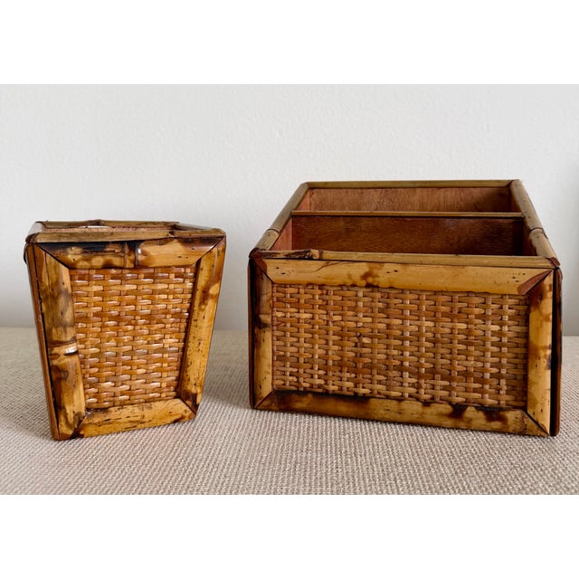 Mid 20th Century Rattan Bamboo Desk Accessory Set Pen Holder Letter File For Sale - Image 5 of 5