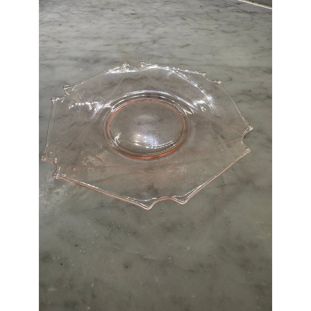 Hexagonal shape. Scallops. Soft pink. Etched floral pattern with blossoms and leaves. 1930s