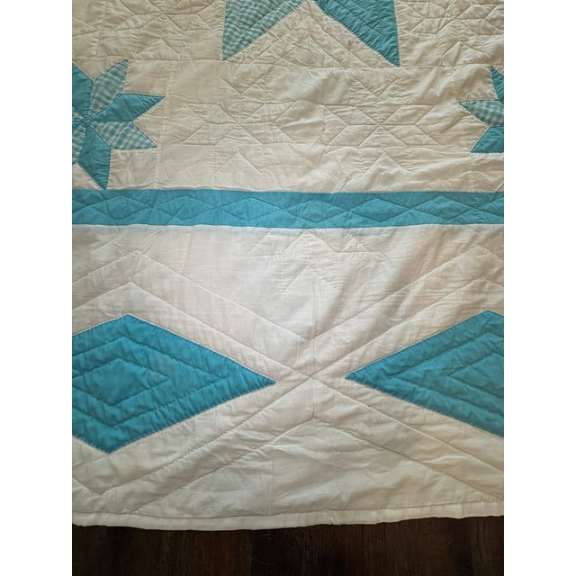 Vintage Handmade Quilted Turquoise and White Lone Star Quilt For Sale In Miami - Image 6 of 15