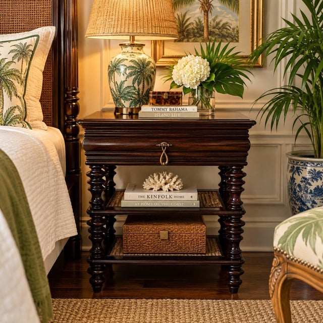 Elegant Tommy Bahama Royal Kahala Haven Nightstand featuring a rich tobacco-brown mahogany finish with beautifully turned...
